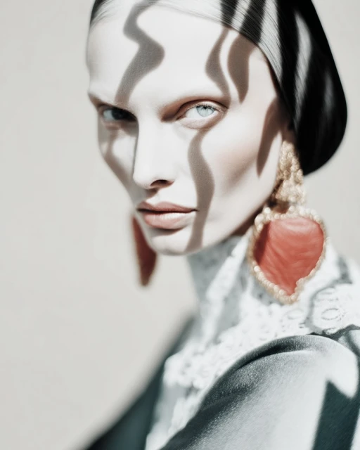 Dramatic fashion portrait of a woman with light skin and blue eyes, wearing large earrings, and with patterned shadows on her face.