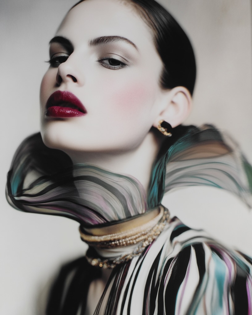 Close-up studio portrait of a fair-skinned adult female model with slicked-back hair, dark red lips, ornate collar, and gold earrings.