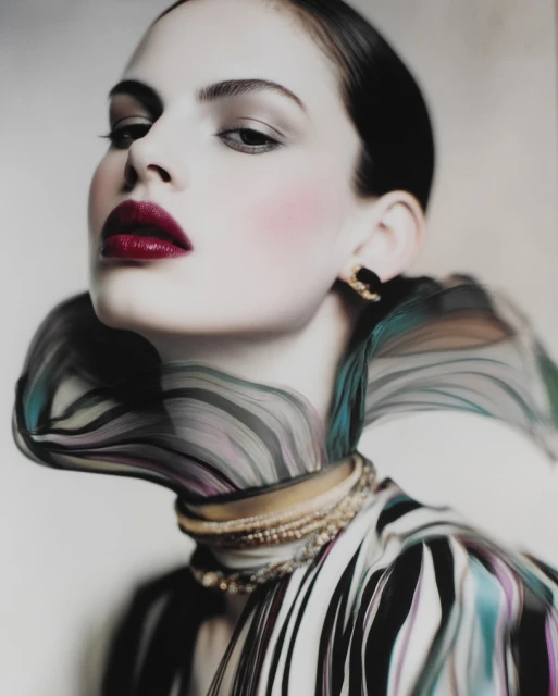 Close-up studio portrait of a fair-skinned adult female model with slicked-back hair, dark red lips, ornate collar, and gold earrings.