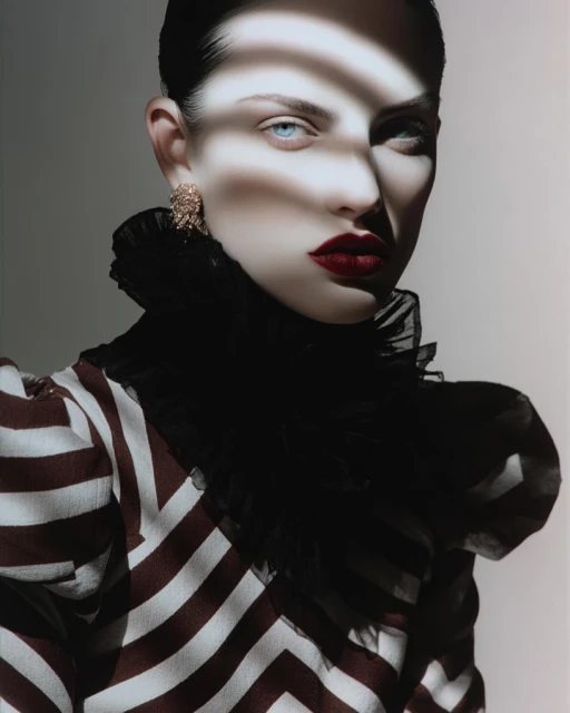 Close-up fashion portrait of an adult woman with light eyes and dark red lipstick wearing a striped blouse with a ruffled collar.