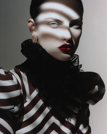 Close-up fashion portrait of an adult woman with light eyes and dark red lipstick wearing a striped blouse with a ruffled collar.