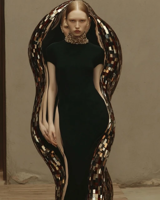 Fashion model poses in a black dress with a high beaded collar and mosaic-tile embellishments against a neutral studio backdrop.