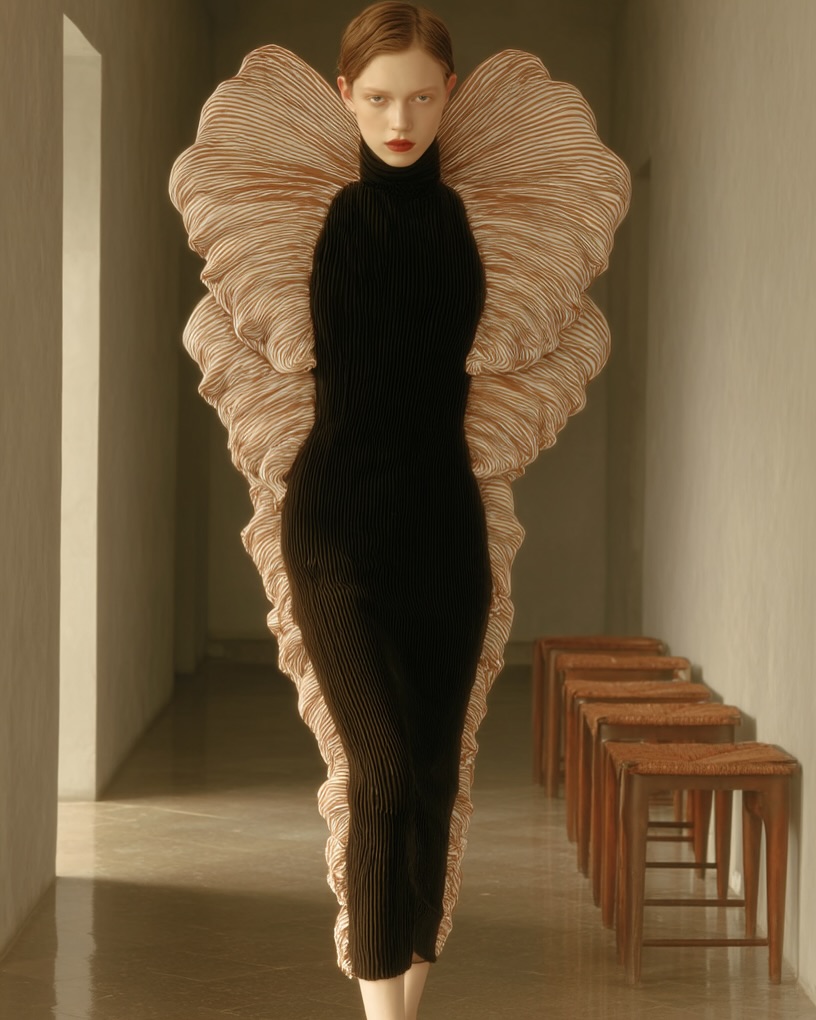 Elegant model in a black turtleneck dress with oversized pleated ruffles in a minimalist interior setting with neutral tones and modern stools.