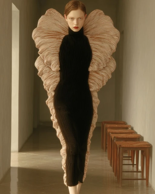Elegant model in a black turtleneck dress with oversized pleated ruffles in a minimalist interior setting with neutral tones and modern stools.