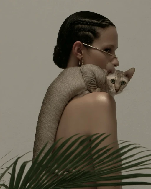 Woman in profile holding a hairless cat over her shoulder in a studio with neutral tones and some palm fronds in the foreground.