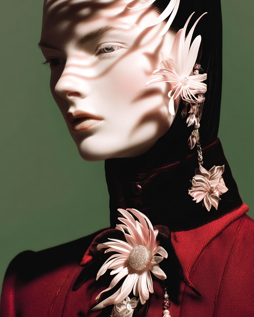 Close-up of a mannequin wearing a red jacket with a black collar adorned with a pink flower and linear shadows across the face.