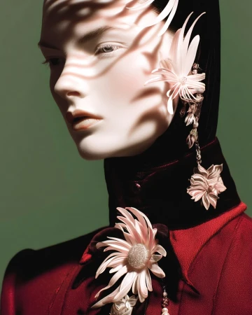 Close-up of a mannequin wearing a red jacket with a black collar adorned with a pink flower and linear shadows across the face.