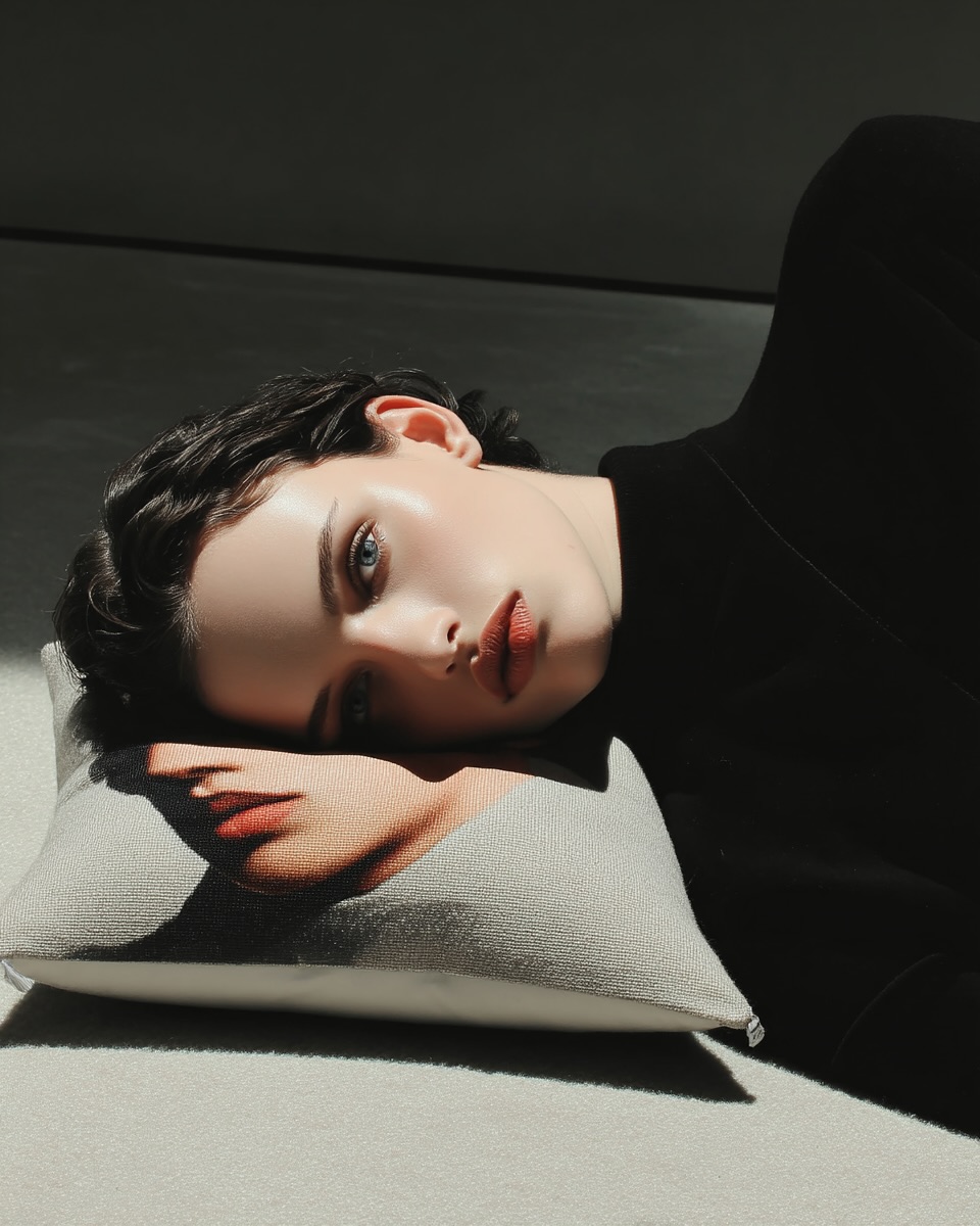 A young woman with short, dark hair rests her head on a pillow printed with a partial face, set against a dark background with sunlight.
