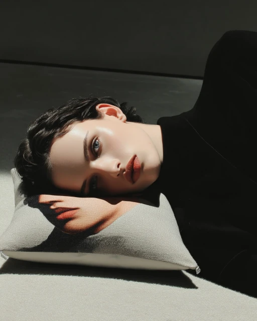 A young woman with short, dark hair rests her head on a pillow printed with a partial face, set against a dark background with sunlight.