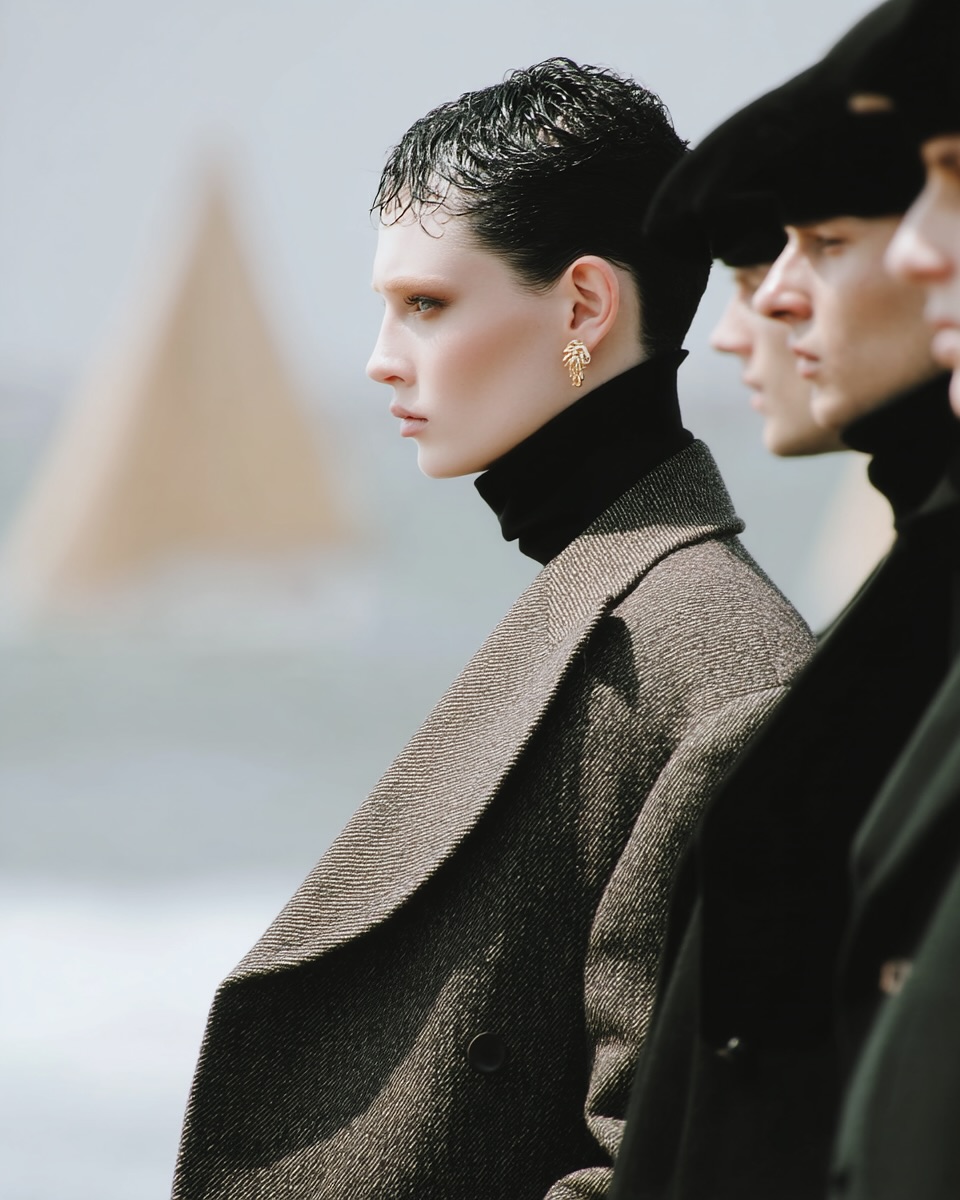 A diverse group of fashion models standing in a line in an outdoor setting, wearing black turtlenecks and stylish coats for an editorial shoot.
