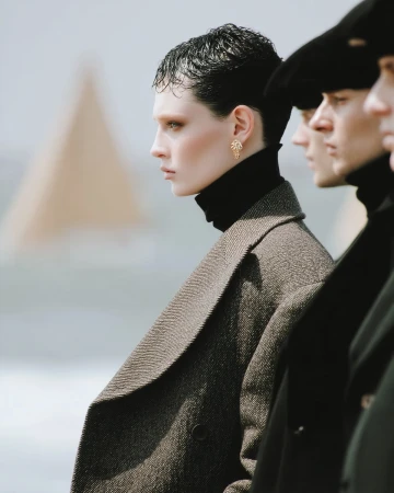 A diverse group of fashion models standing in a line in an outdoor setting, wearing black turtlenecks and stylish coats for an editorial shoot.