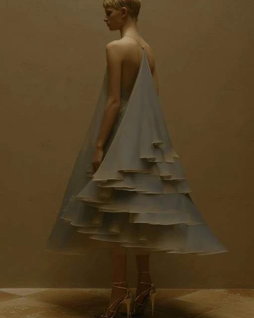 Blonde woman in a flowing, layered gray dress and high heels, standing against a neutral backdrop in a fashion photography setting.