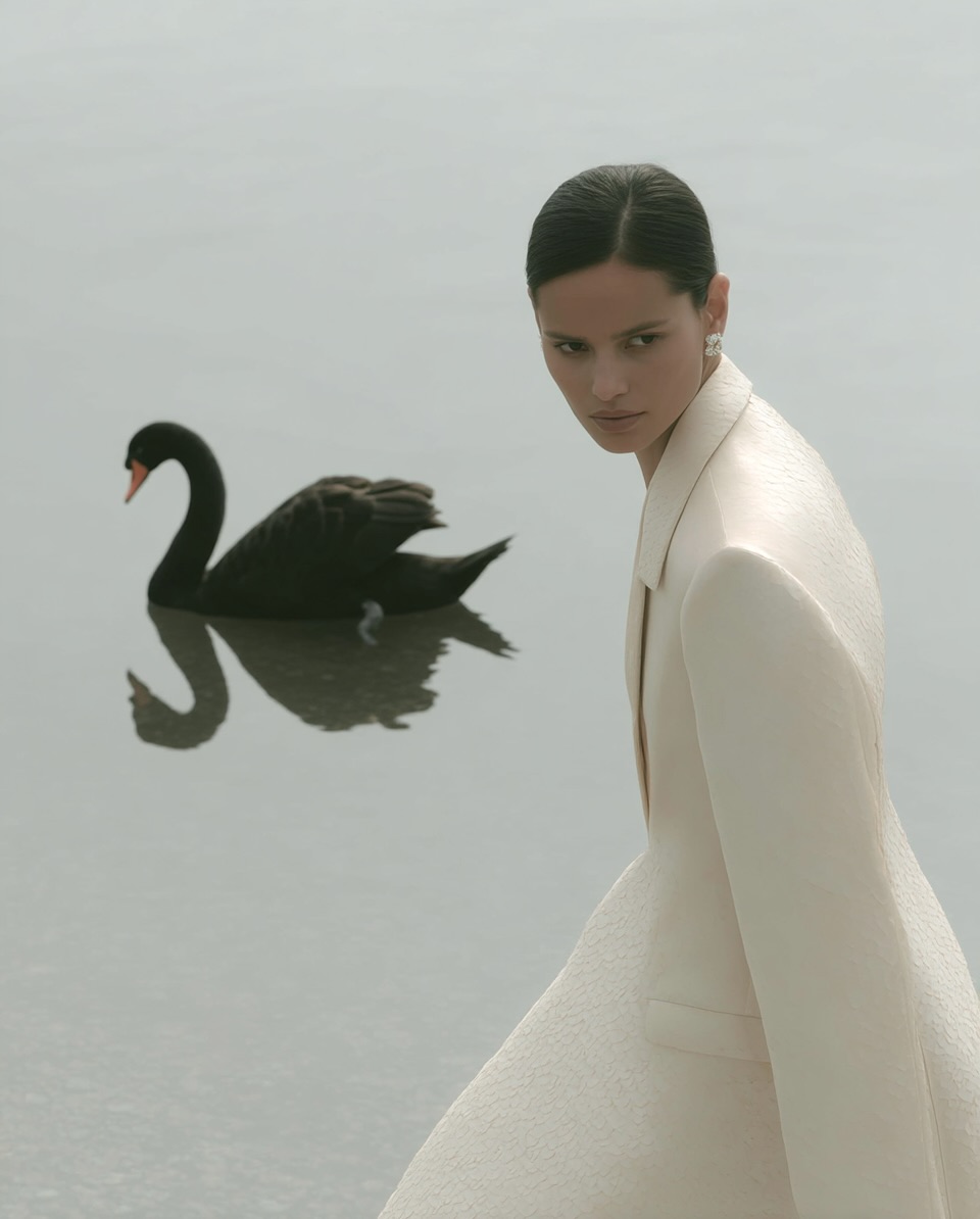 Elegant adult female in white blazer stands near water with a black swan swimming, creating a surreal fashion scene.