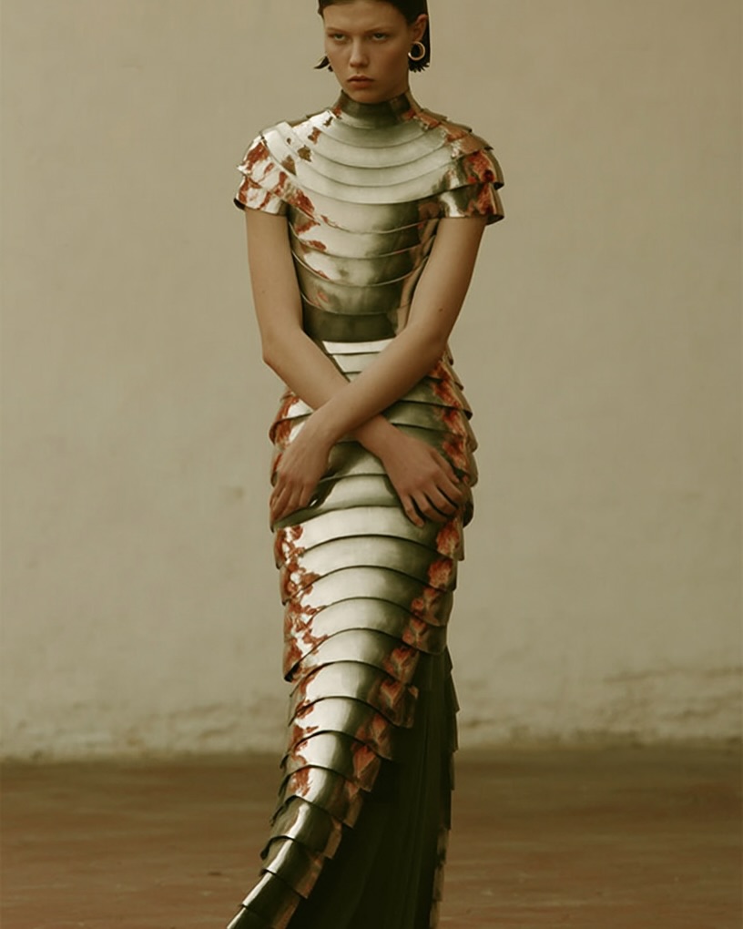 A woman stands in a full-length metallic-toned dress with a tiered design, looking directly at the camera in a fashion editorial shot.