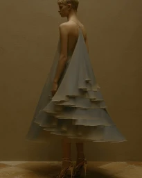 Model wearing a tiered sheer blue dress with a halter neckline and high heels against a muted background.