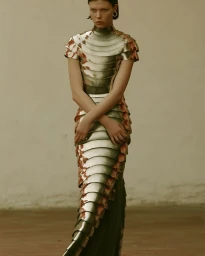 Model wearing a metallic tiered scaly dress standing against a neutral background by Helen Breznik