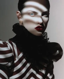 Portrait of a woman with dark hair, blue eyes, and bold red lipstick wearing a striped garment with a high black ruffled collar.