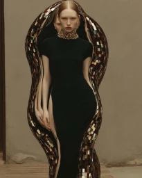 A woman in a black dress stands framed within an ornate, tiled archway created by digital AI art by Helen Breznik.