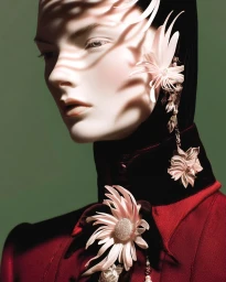 Close-up portrait of a model wearing an elaborate floral ear cuff and high collar against a muted green background.