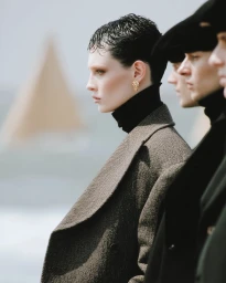Profile portrait of a short-haired woman in a tweed coat and black turtleneck with two men behind her