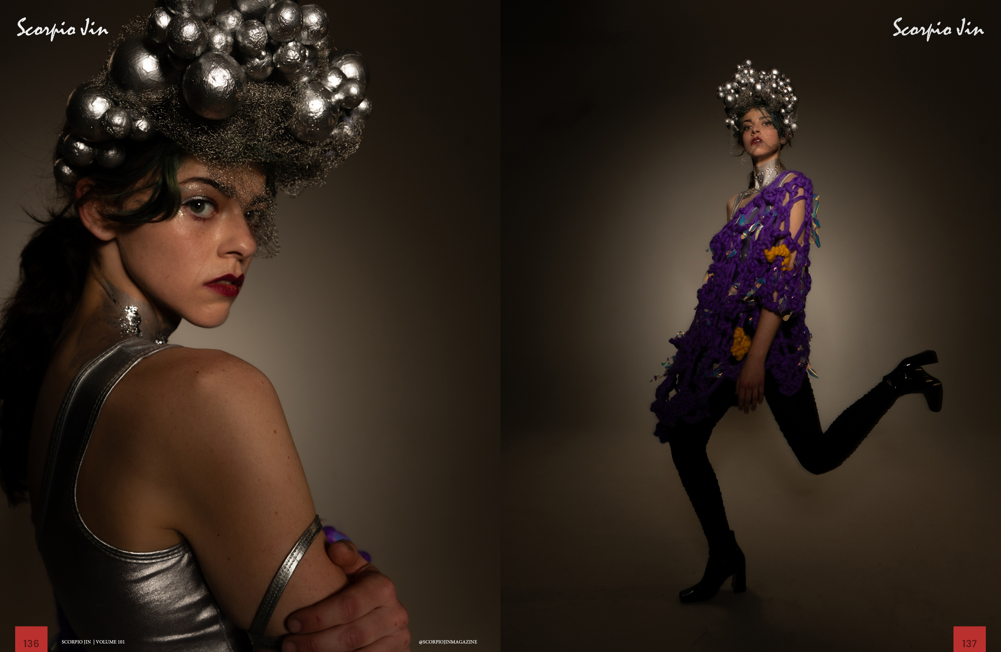 Model wearing a purple textured knit tunic and a metallic spherical headpiece against a dark gradient studio background.