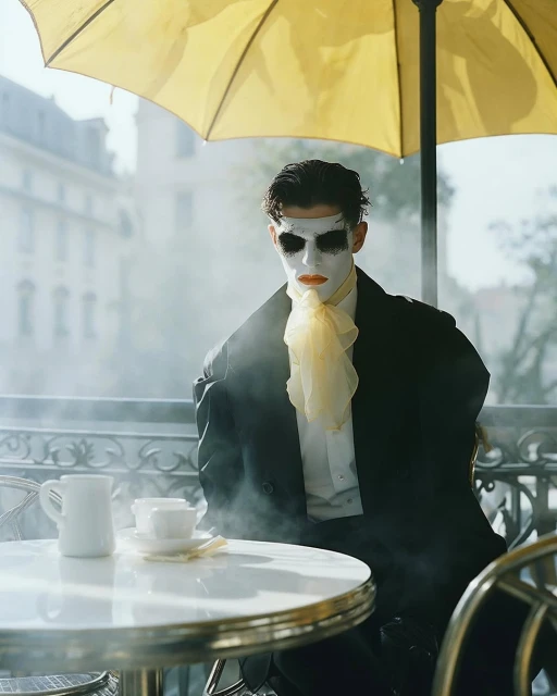 Person with white face makeup in black suit sitting at outdoor cafe table beneath yellow umbrella in urban environment with white building.