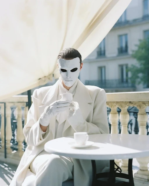 Person in white mask and suit sits at table with coffee outdoors, buildings in background, bright daylight, minimalist fashion.