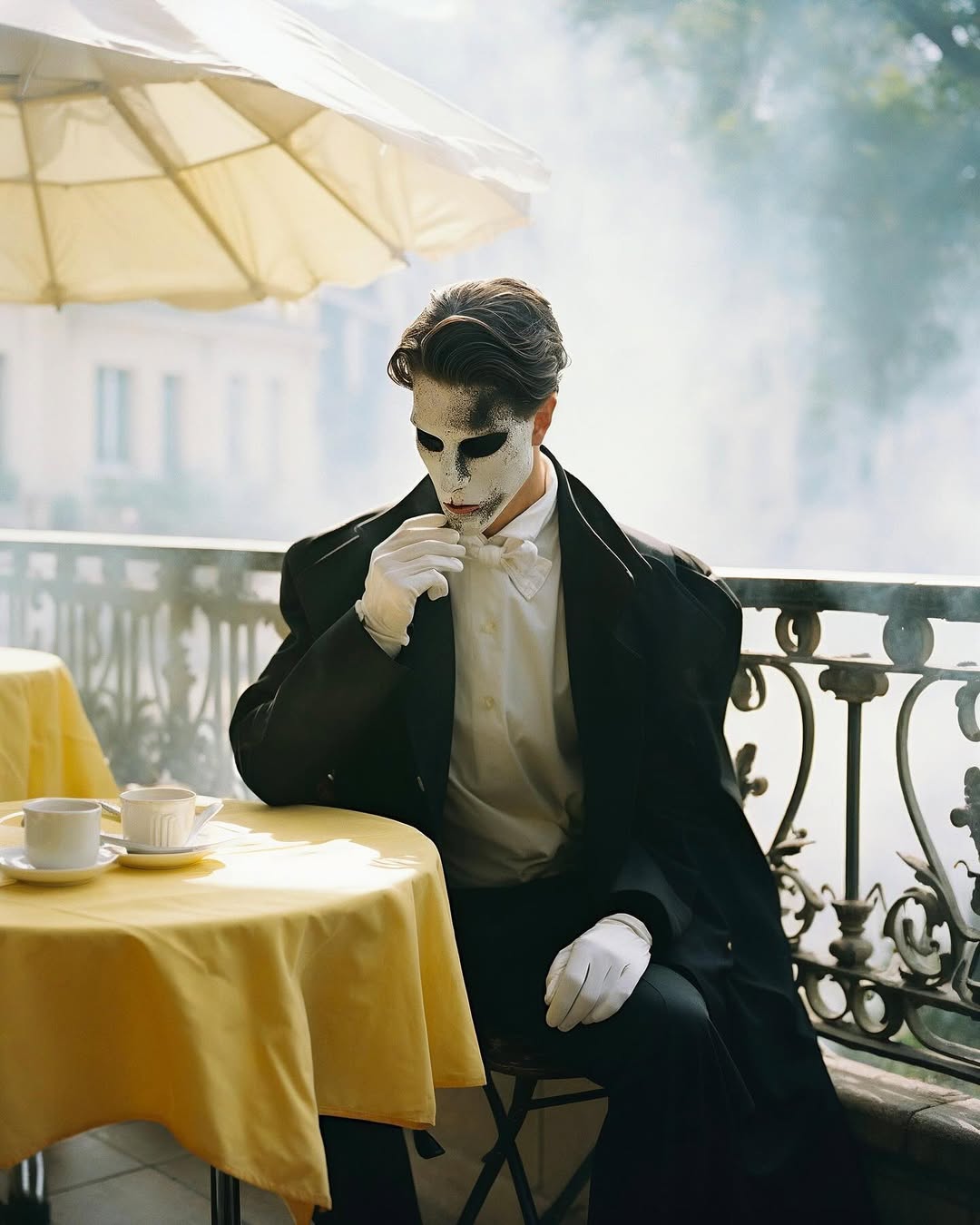 A person with dramatic white and black face paint sits at an outdoor cafe table with coffee, wearing a dark coat and white gloves.