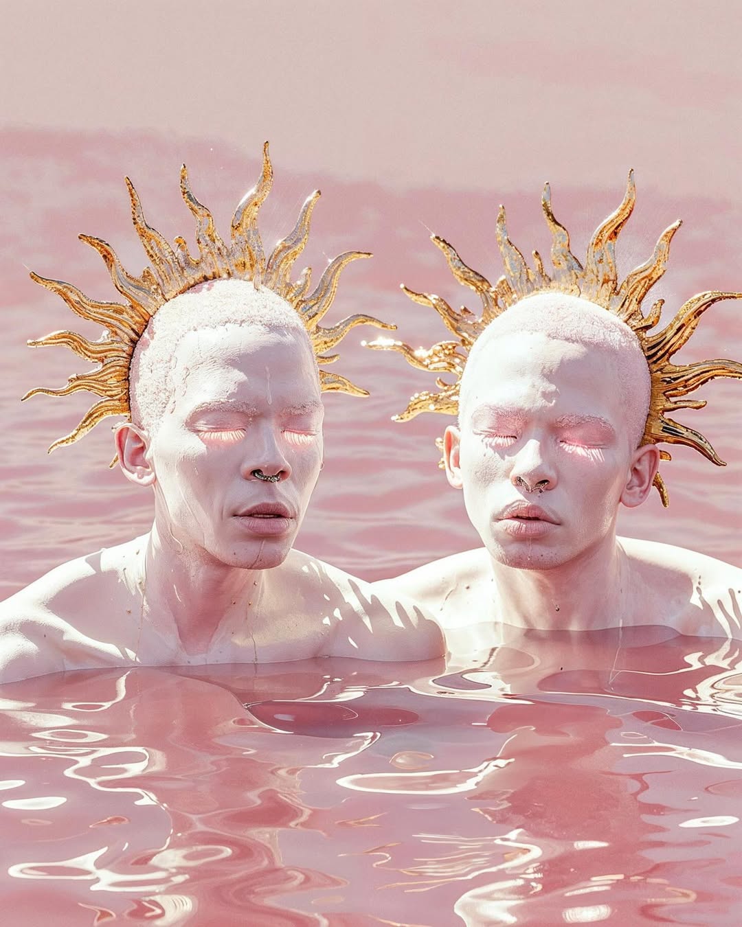 Two albino males with sunburst headpieces emerge from pink water in a surreal portrait, eye-level, against a soft, ethereal background.