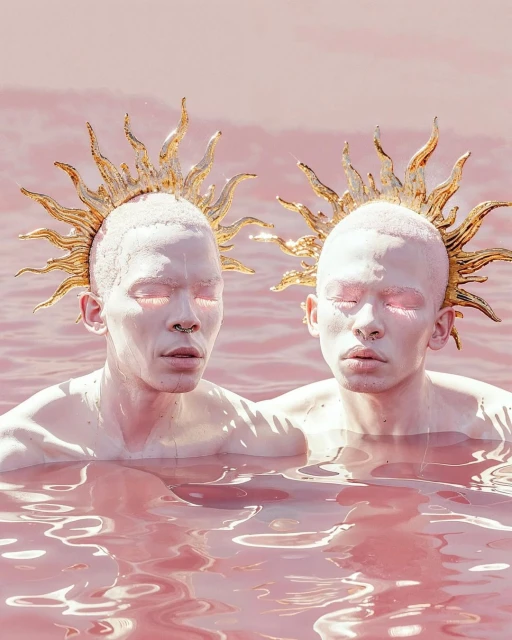 Two albino males with sunburst headpieces emerge from pink water in a surreal portrait, eye-level, against a soft, ethereal background.