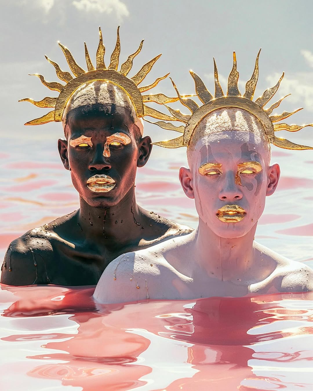 Two people in pink water wearing gold headpieces and body paint for beauty or fashion editorial style in an outdoor setting.