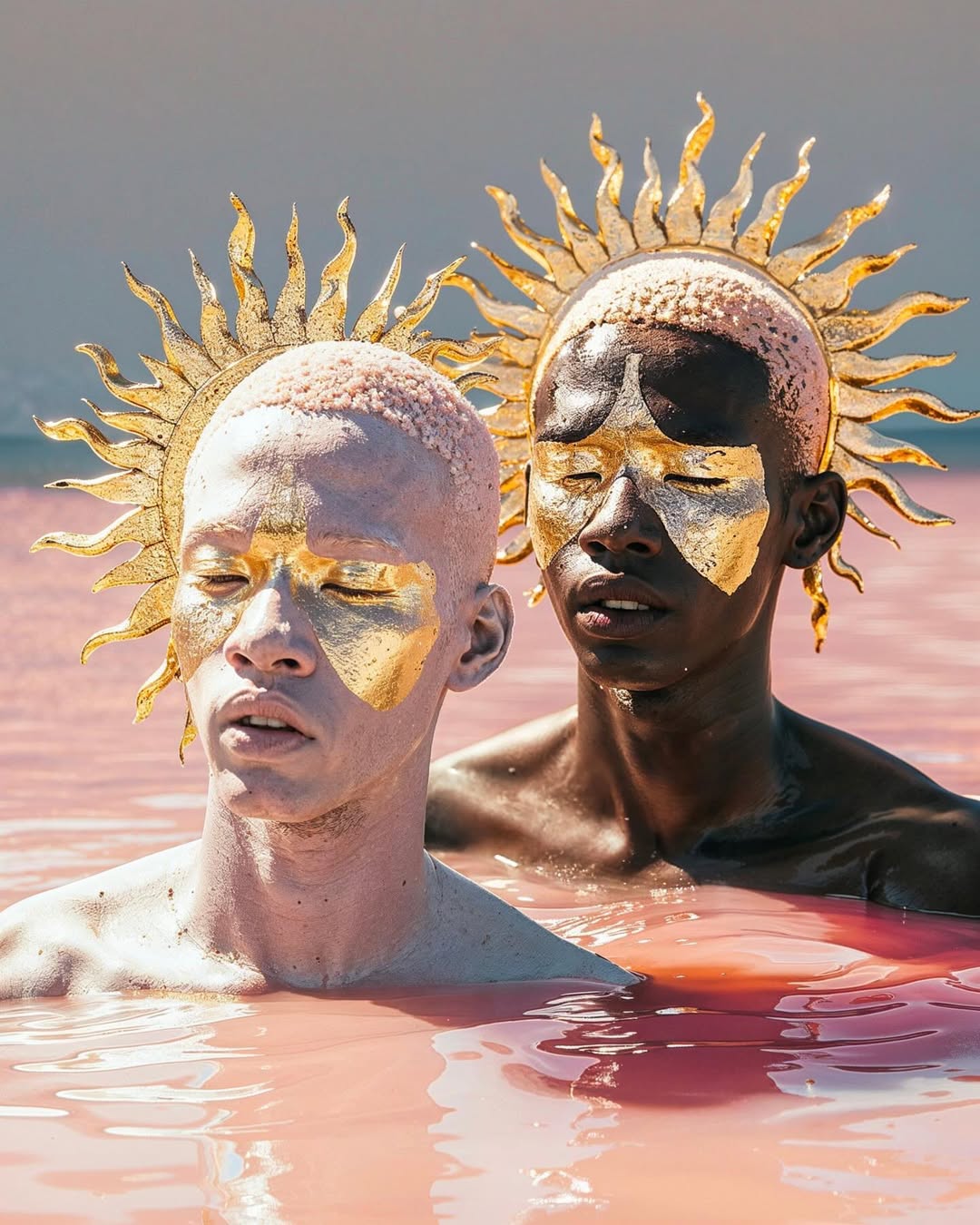 Two individuals with golden face paint and matching sun-shaped headpieces stand in pink water, creating a striking contrast.