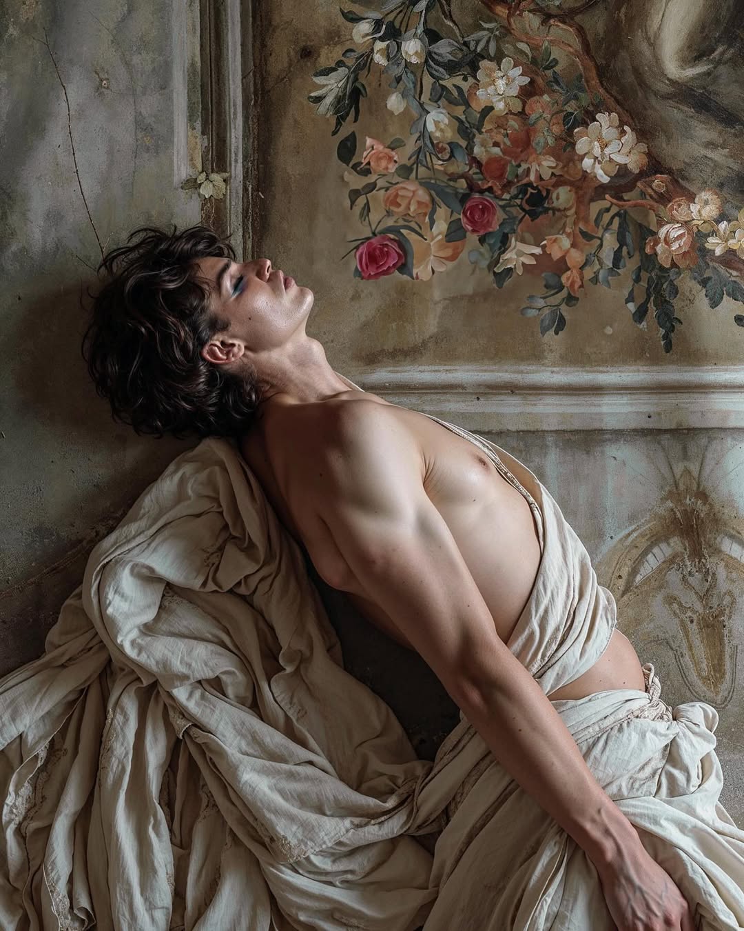 Artistic nude portrait of a muscular adult male partially draped in light fabric, reclining against a wall with a floral painting.