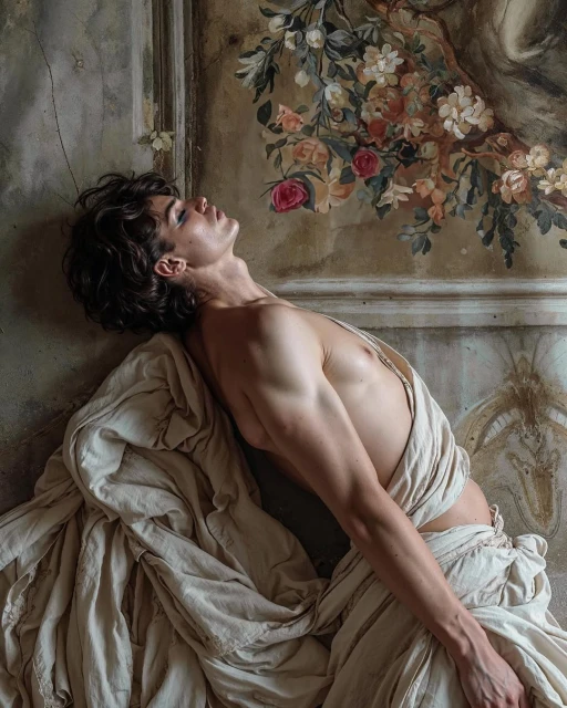 Artistic nude portrait of a muscular adult male partially draped in light fabric, reclining against a wall with a floral painting.