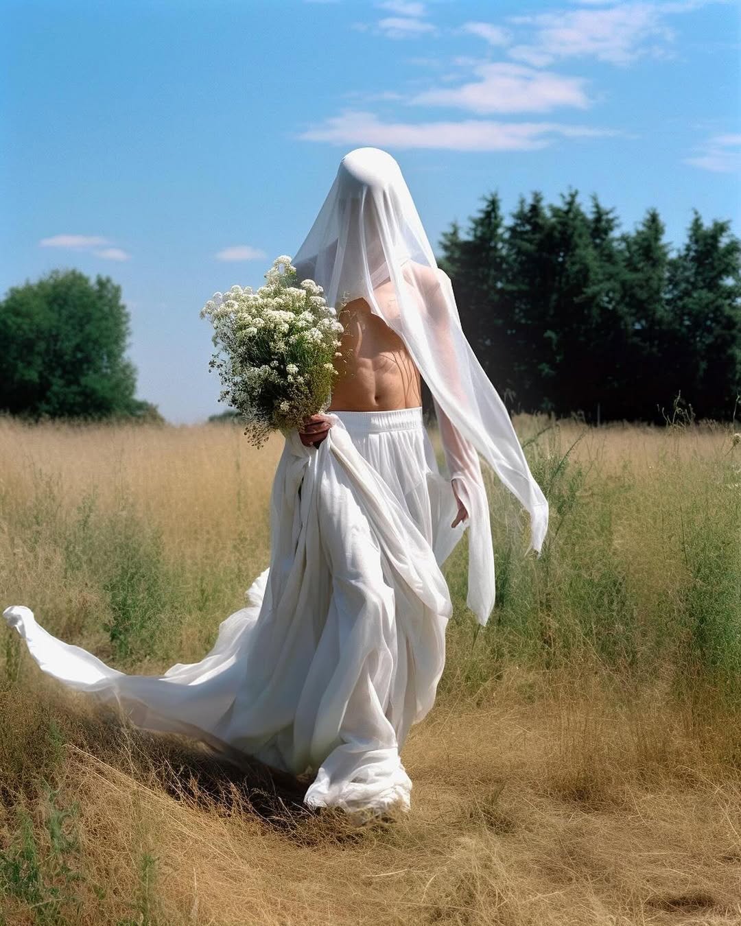 Androgynous figure in white sheet and skirt walking through a grassy field carrying a bouquet of white flowers under a blue sky.