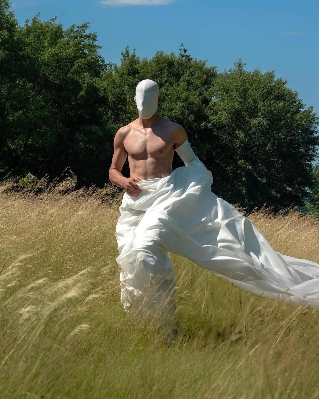 Man in a mask standing in a field with a draped white fabric. Sunlit outdoor setting with green trees and blue sky in the background.