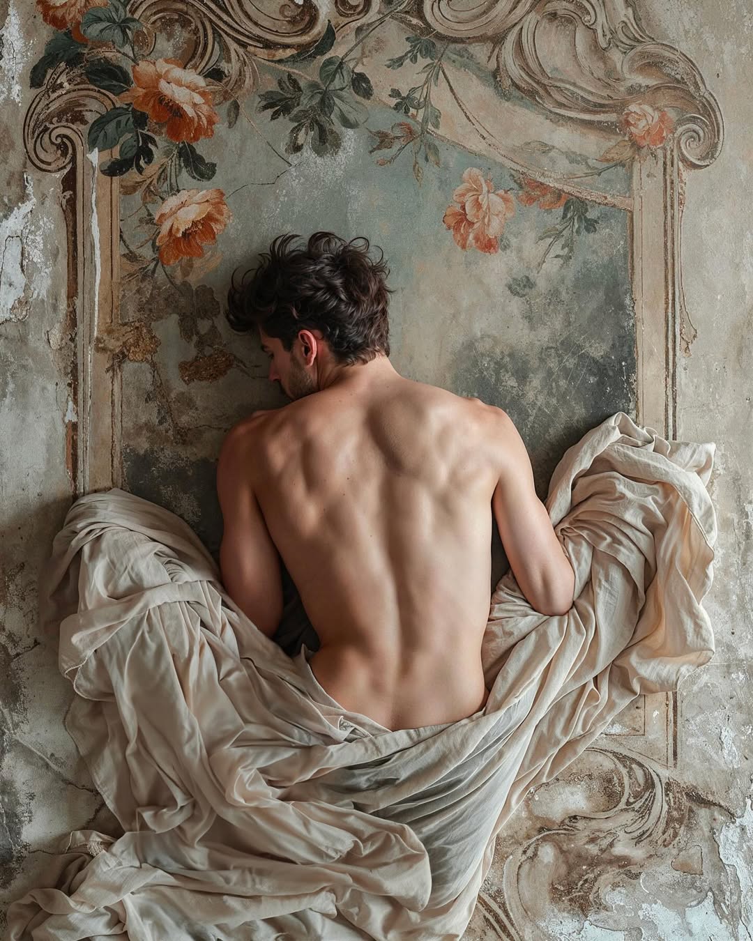 Man lying down, draped with fabric, in front of a wall with painted roses and decorative molding in a soft, muted color palette.