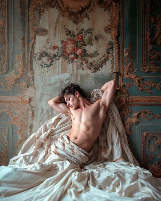 Nude male torso draped in white fabric, resting against an ornate vintage painted wall with decorative mouldings and floral patterns.
