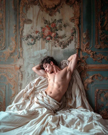 Nude male torso draped in white fabric, resting against an ornate vintage painted wall with decorative mouldings and floral patterns.