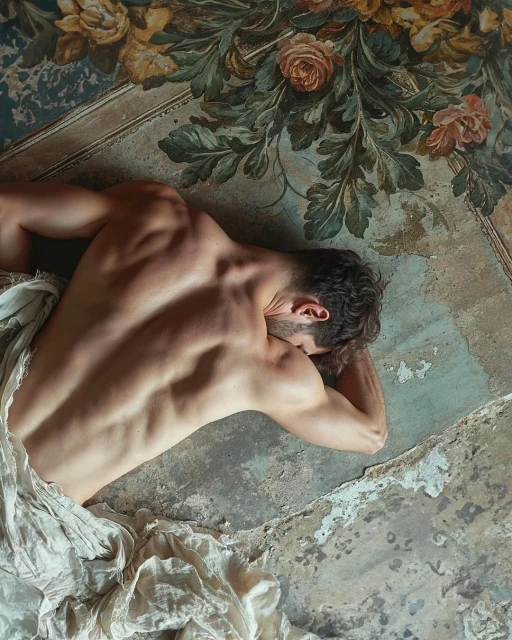 Artistic shot of a muscular adult male lying shirtless on a floral-patterned surface, draped with textured white fabric, showcasing his back.