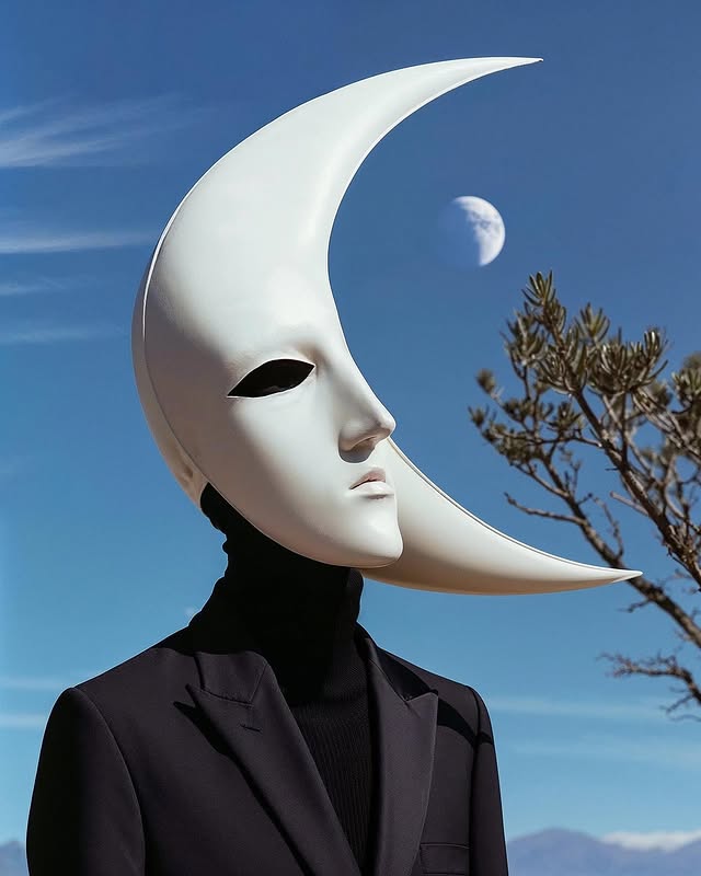 Conceptual image featuring a person in a dark suit wearing a white, crescent moon mask against a blue sky with a distant moon.