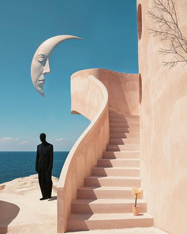 Surreal outdoor shot of a black-clad figure standing near a staircase next to the sea, with a crescent moon in the blue sky.