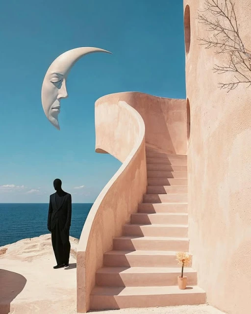 Surreal outdoor shot of a black-clad figure standing near a staircase next to the sea, with a crescent moon in the blue sky.