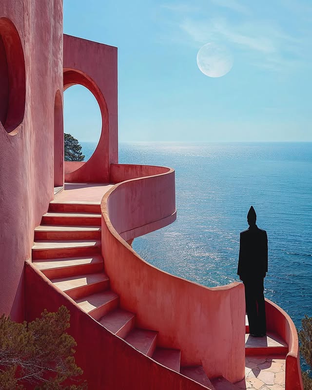 Whimsical architecture features a salmon-colored staircase descending towards the ocean, with a silhouette of a figure standing at the edge.
