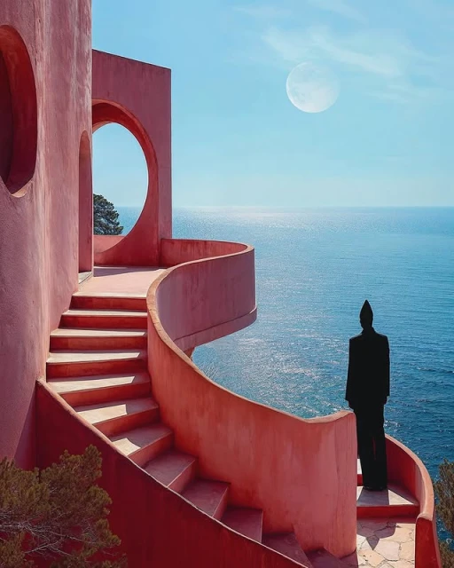 Whimsical architecture features a salmon-colored staircase descending towards the ocean, with a silhouette of a figure standing at the edge.