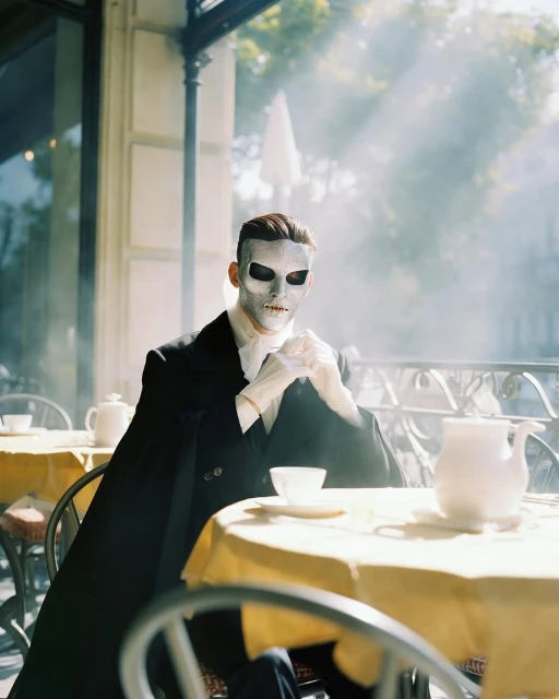 An adult male wearing a mask and a formal suit is seated at an outdoor cafe with tea service on tables with yellow cloths.