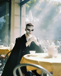A person wearing a silver mask and black coat seated at a café table outdoors with sunlight filtering through smoke or haze.