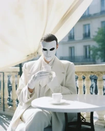 Person in a white mask and white suit holding a small cup while seated at an outdoor cafe table by Matthieu Grambert.
