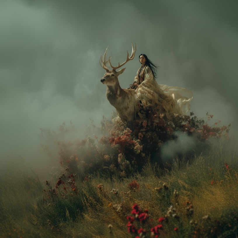 Artistic image featuring an Asian woman riding a deer adorned with flowers in a misty, natural setting. Faded light. 