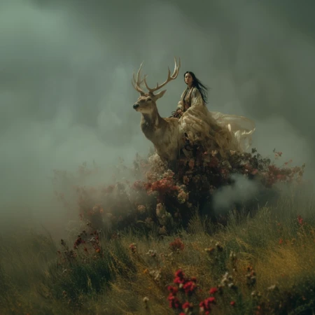Artistic image featuring an Asian woman riding a deer adorned with flowers in a misty, natural setting. Faded light. 